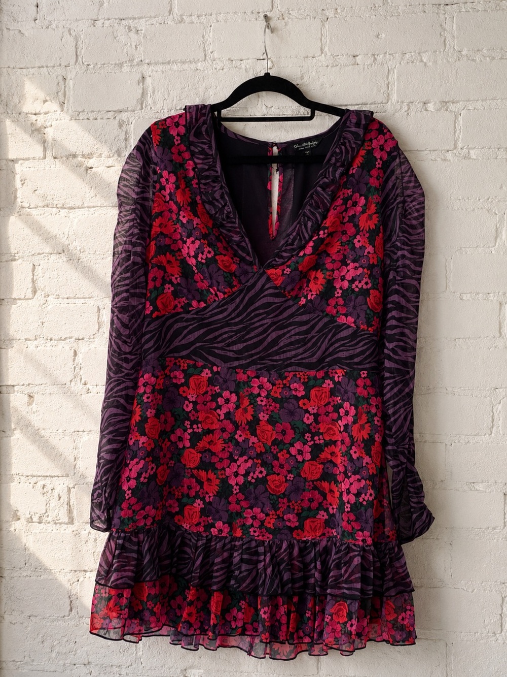 Miss Selfridge Purple Pink Floral Mini Dress Sheer Sleeves 
Sz. 12